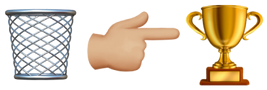 Trash can, pointing hand, and trophy emoji in sequence.