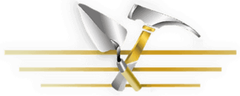 A silver trowel and pickaxe crossed over three horizontal gold bars on a black background.